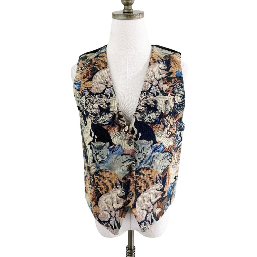 Vintage 90s Pasta Multicolor Cat Tapestry Vest Sz M Button Up V-Neck Made in USA